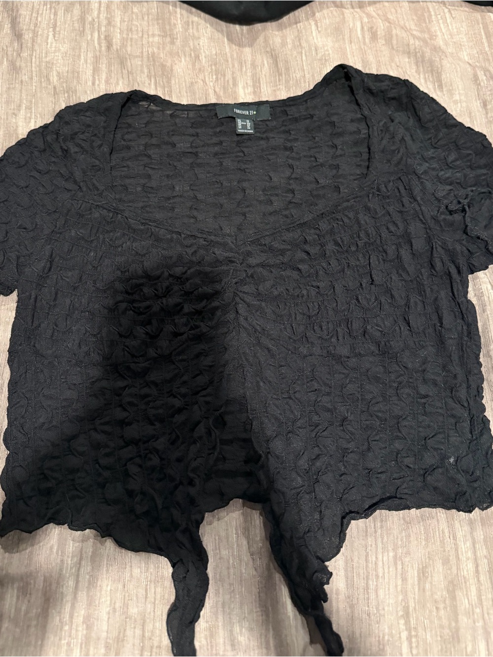 Forever 21 Black Cropped Textured Tie-Front Top- 1X